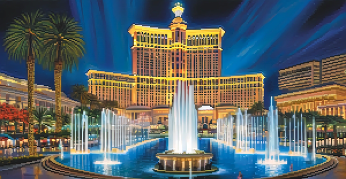 A nighttime view of the Bellagio fountain show, featuring illuminated water jets and colorful lights against a deep blue sky.
