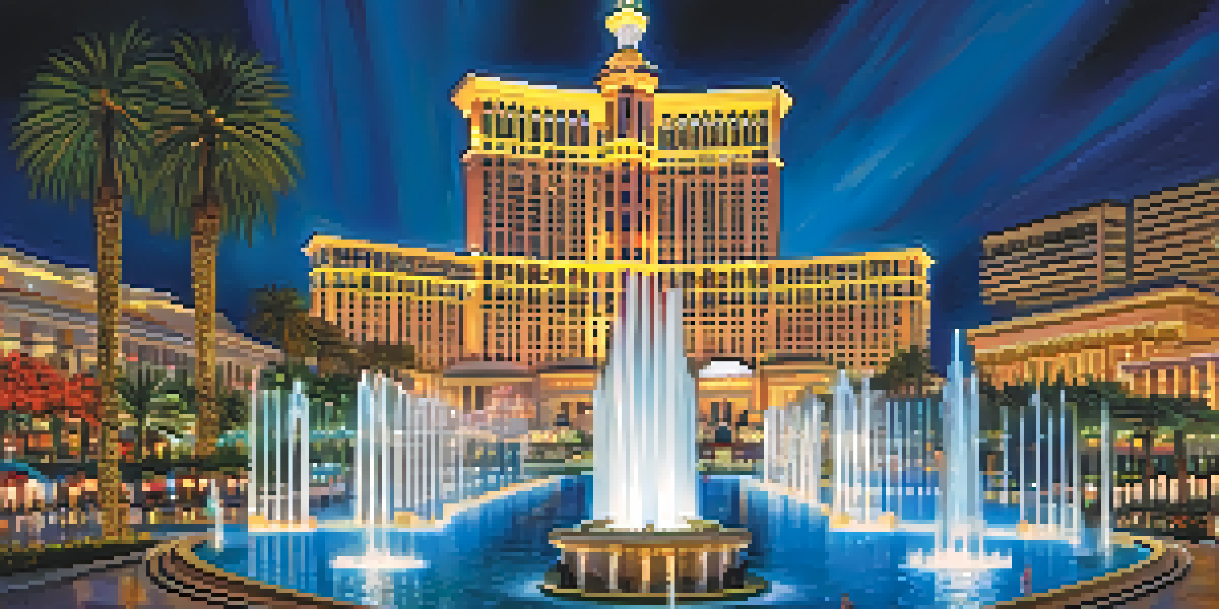 A nighttime view of the Bellagio fountain show, featuring illuminated water jets and colorful lights against a deep blue sky.