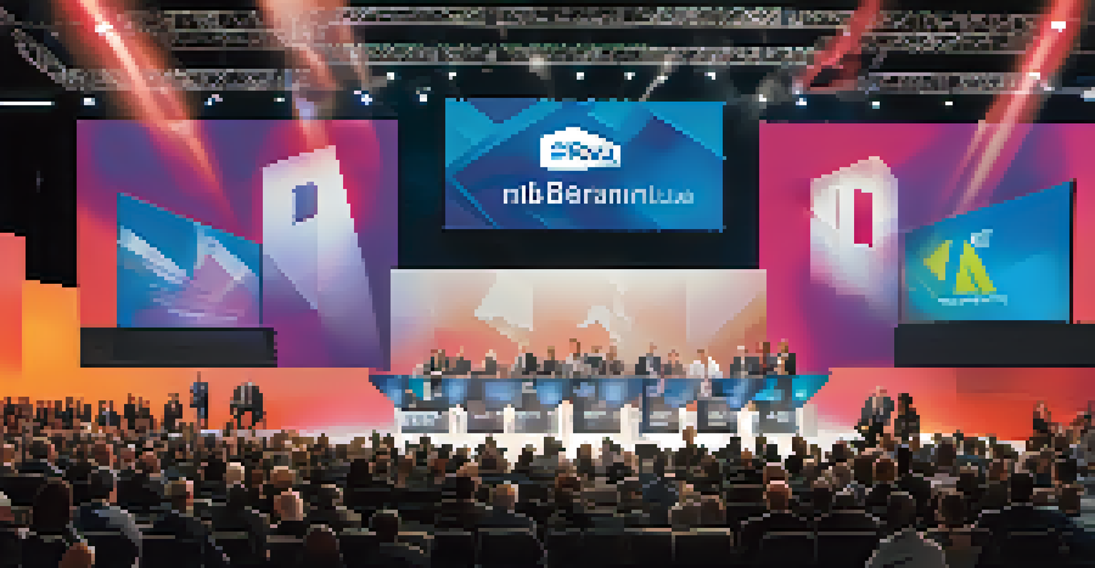 Panel of industry leaders giving a keynote speech at the NAB Show, with an engaged audience and bright stage lighting.