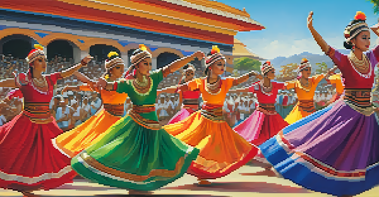 A traditional dance performance with dancers in colorful costumes at a cultural festival.