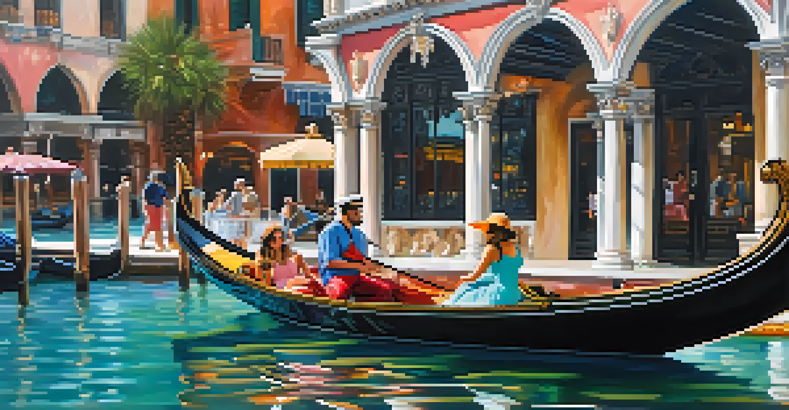 A couple enjoying a romantic gondola ride at The Venetian, surrounded by beautiful architecture and water reflections.