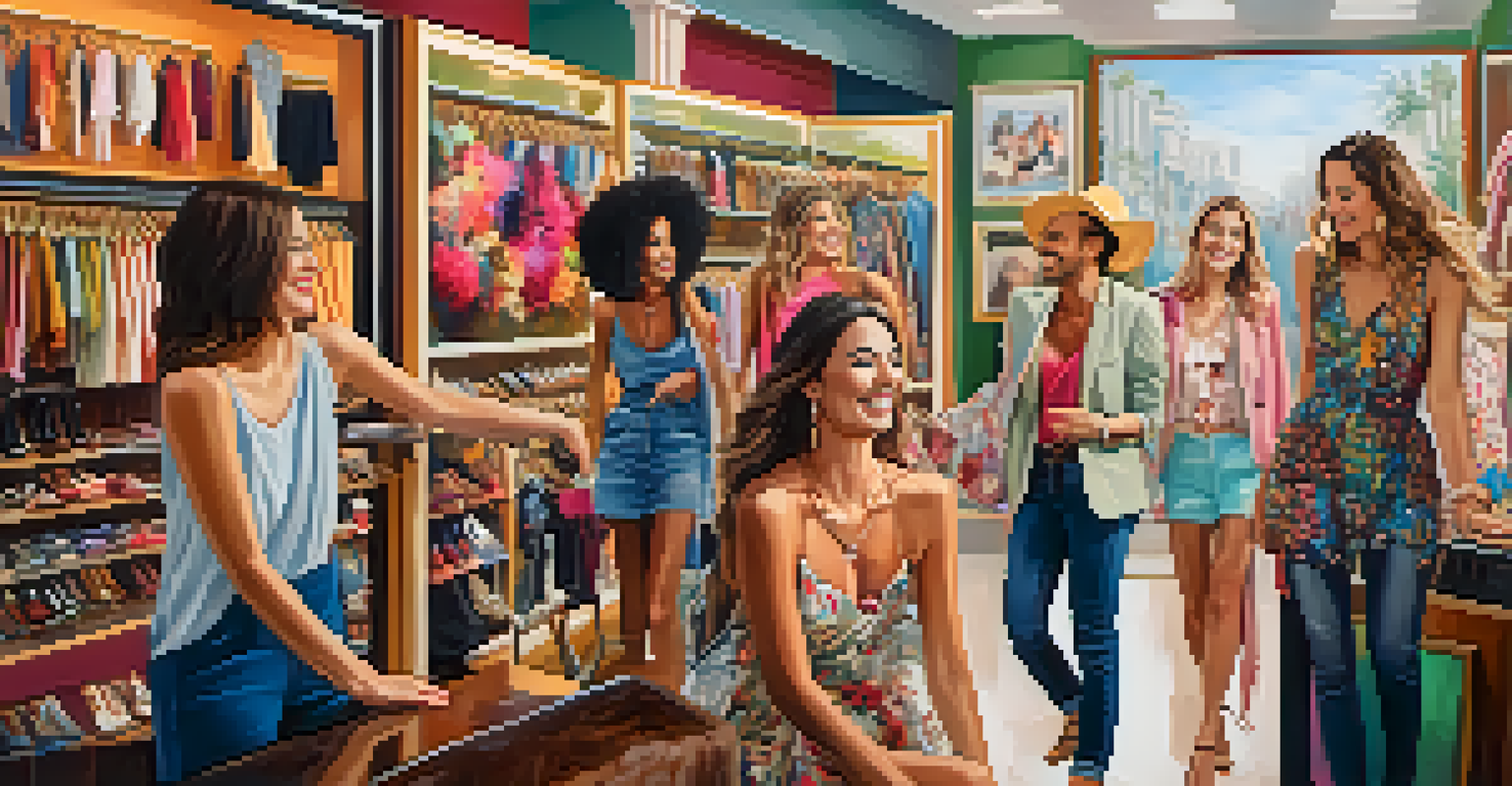 Friends shopping and trying on clothes in a vibrant Las Vegas boutique.