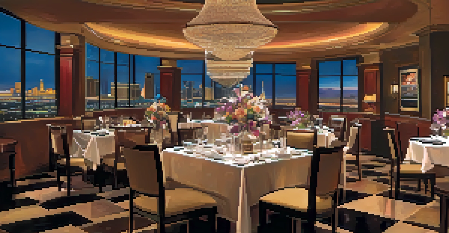 A beautifully set dining table in a Las Vegas restaurant with gourmet dishes, elegant tableware, and ambient lighting, accompanied by a view of live entertainment.