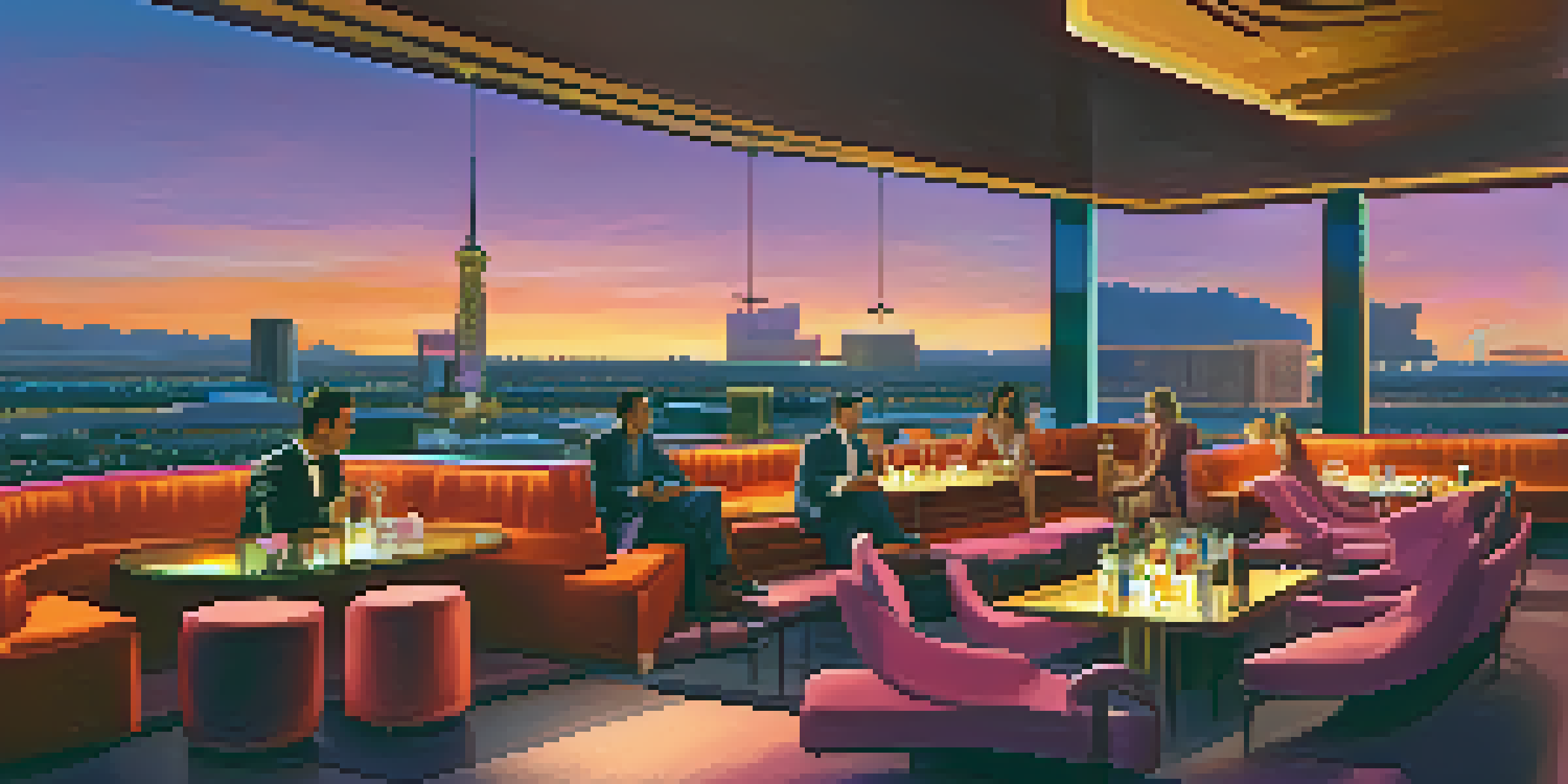 A rooftop lounge in Las Vegas during sunset, with people enjoying cocktails and a glowing skyline.
