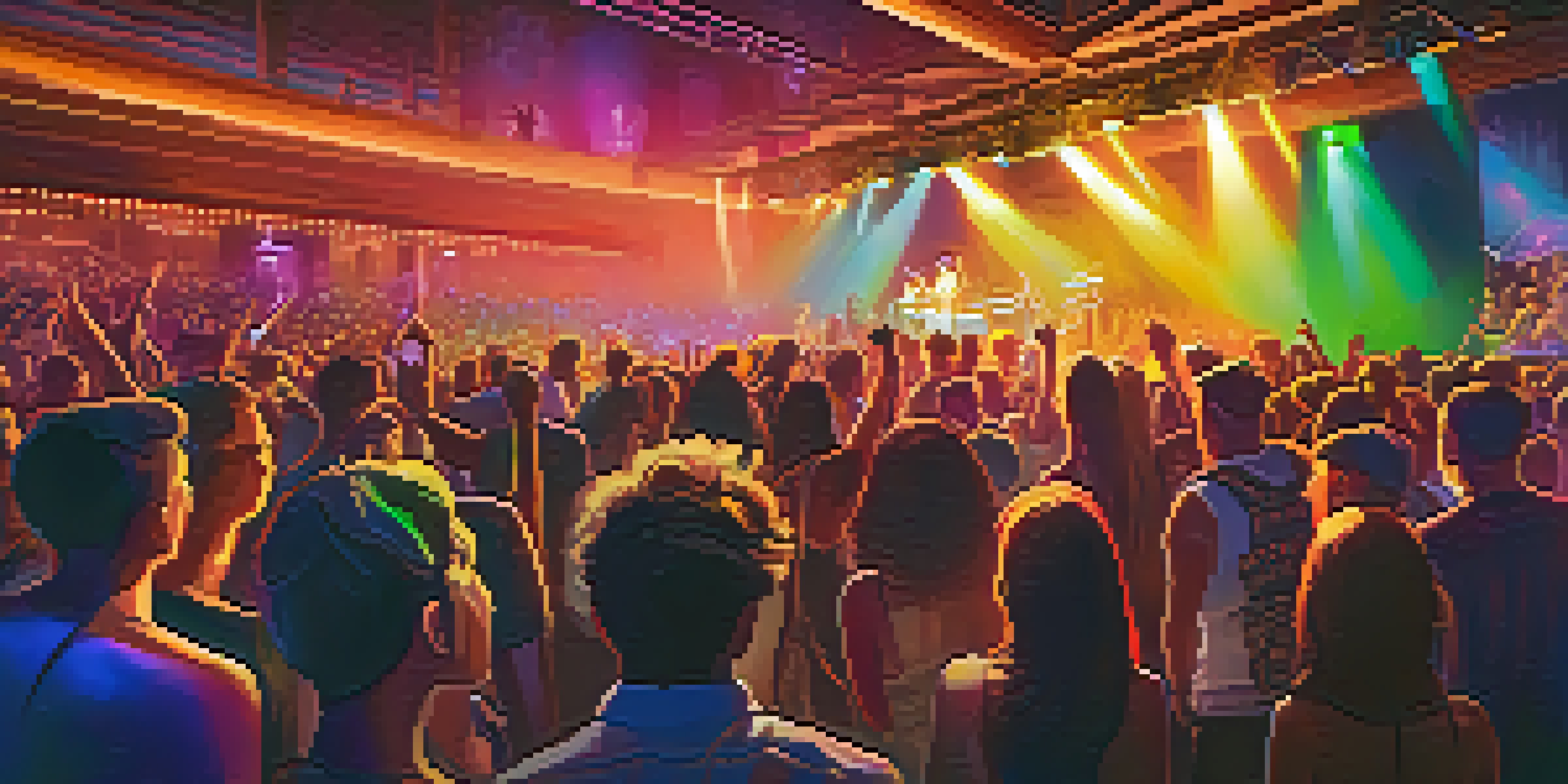 A lively concert with a band on stage and colorful lights, while the audience enjoys the show.