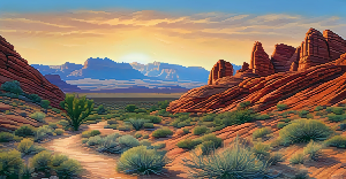 A scenic view of Red Rock Canyon at sunset, featuring colorful sandstone formations and a hiking trail.