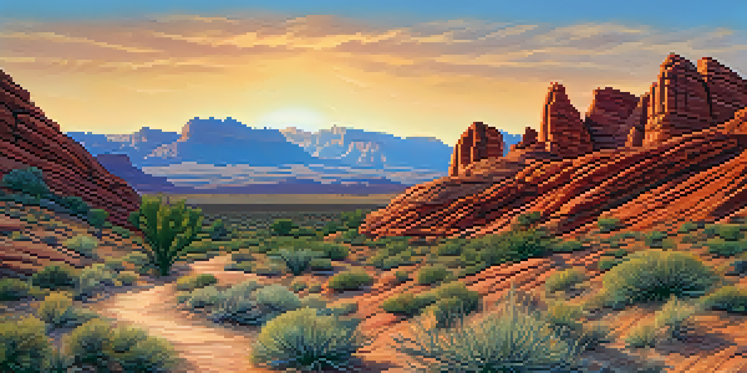 A scenic view of Red Rock Canyon at sunset, featuring colorful sandstone formations and a hiking trail.