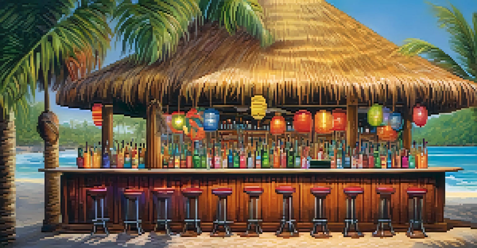 A colorful Tiki Bar with tropical decorations, guests enjoying cocktails, and a sunset ambiance.