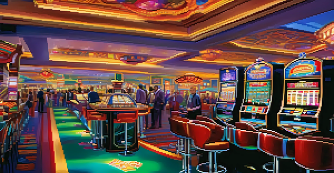 A lively Las Vegas casino scene with bright slot machines and happy players enjoying the gaming experience.