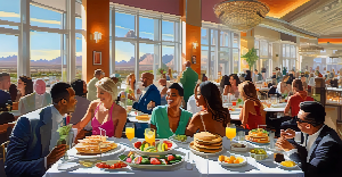 A lively brunch setting in Las Vegas with a diverse group of people enjoying a colorful buffet filled with various dishes and drinks.