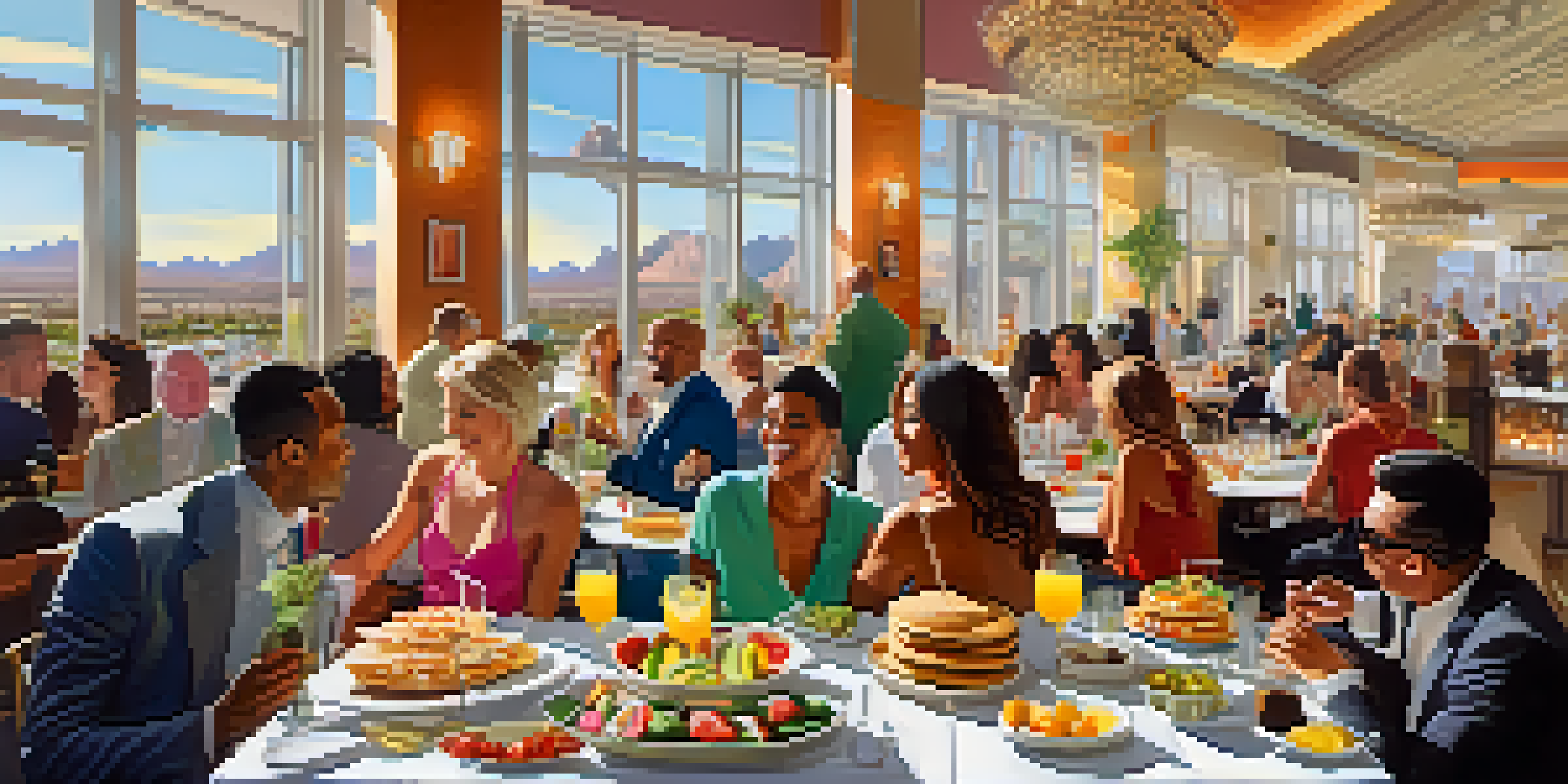 A lively brunch setting in Las Vegas with a diverse group of people enjoying a colorful buffet filled with various dishes and drinks.