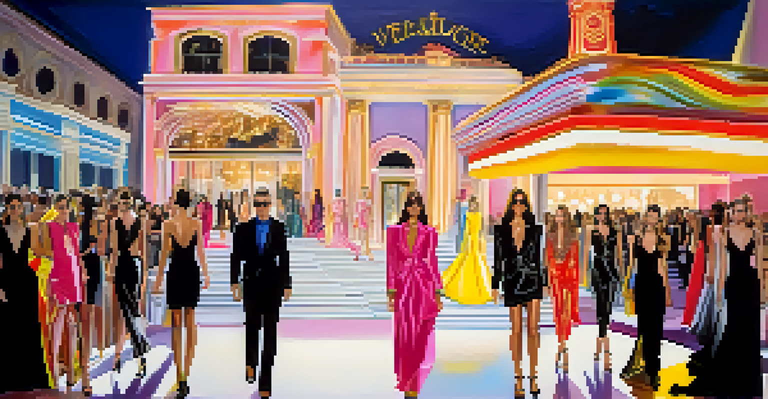 A dynamic fashion show in Las Vegas with models on the runway wearing colorful designs, surrounded by an engaged audience.