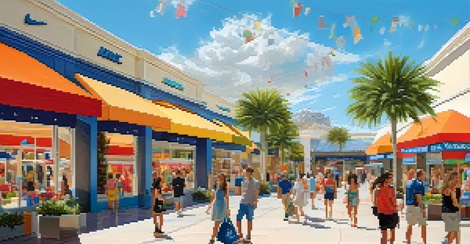 An outdoor shopping area filled with people exploring various stores, bright banners, and greenery.