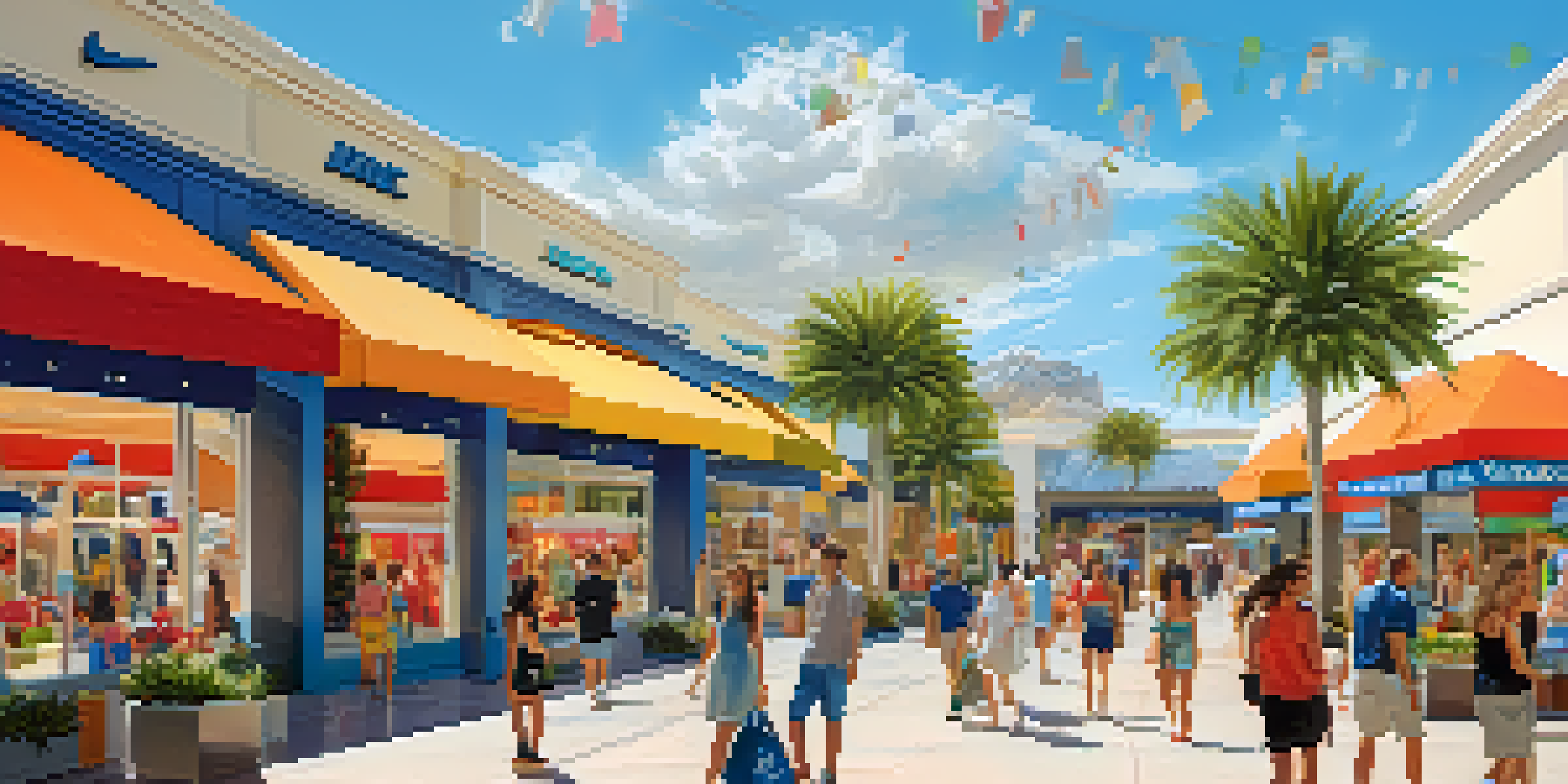 An outdoor shopping area filled with people exploring various stores, bright banners, and greenery.