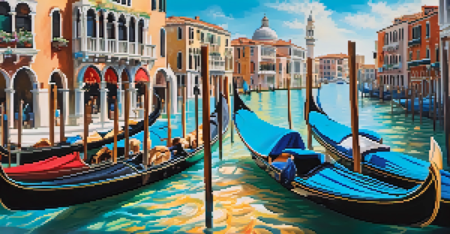 A beautiful canal scene with gondolas, shops, and street performers, creating a Venetian ambiance in Las Vegas.