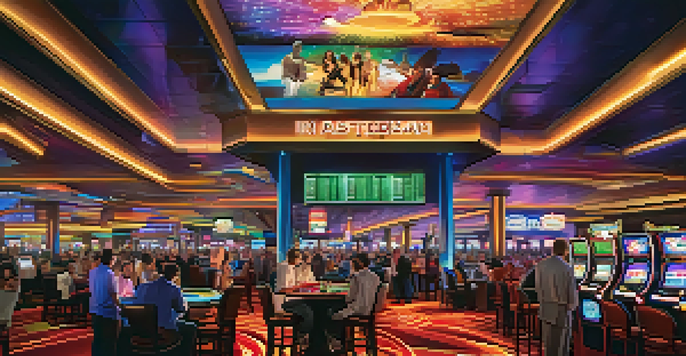 A lively casino floor in Las Vegas with people playing games, modern slot machines, and a sports lounge in the background.