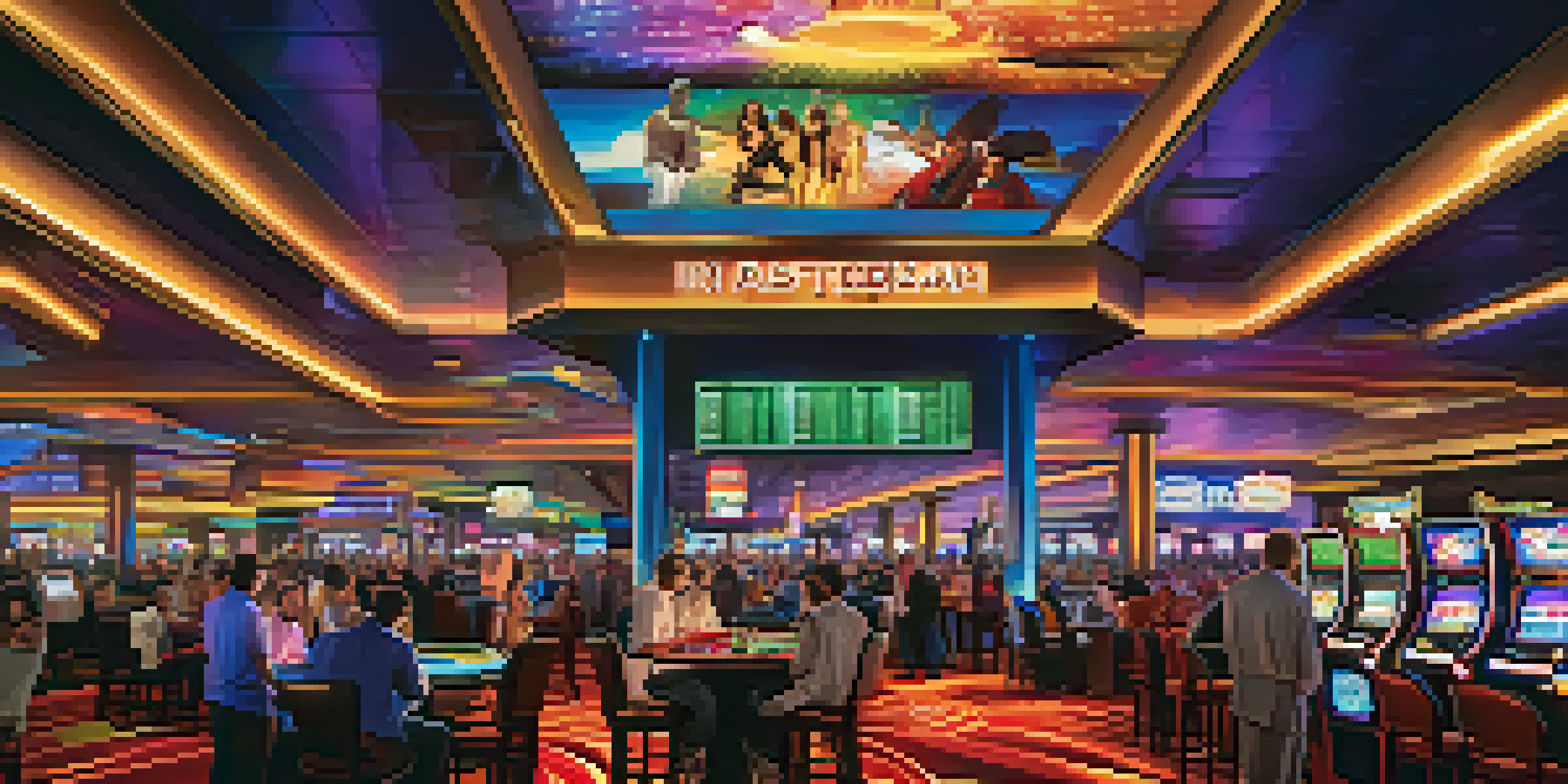 A lively casino floor in Las Vegas with people playing games, modern slot machines, and a sports lounge in the background.
