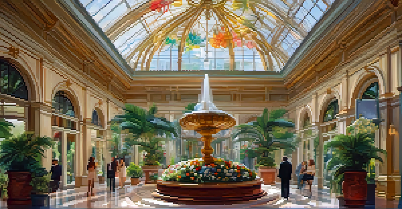The interior of the Bellagio's botanical garden, showcasing colorful flowers and elegant decor.