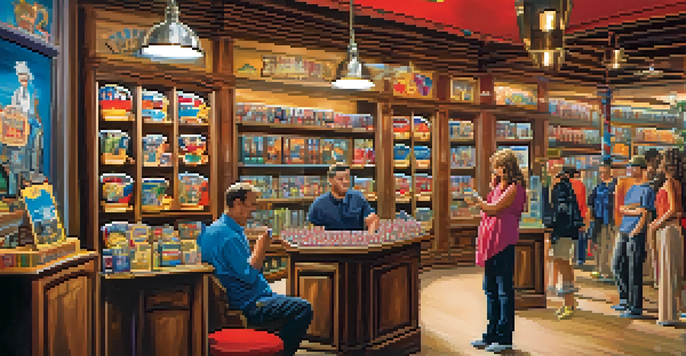 A colorful and lively Las Vegas Gift Shop filled with quirky souvenirs and friendly staff helping customers.