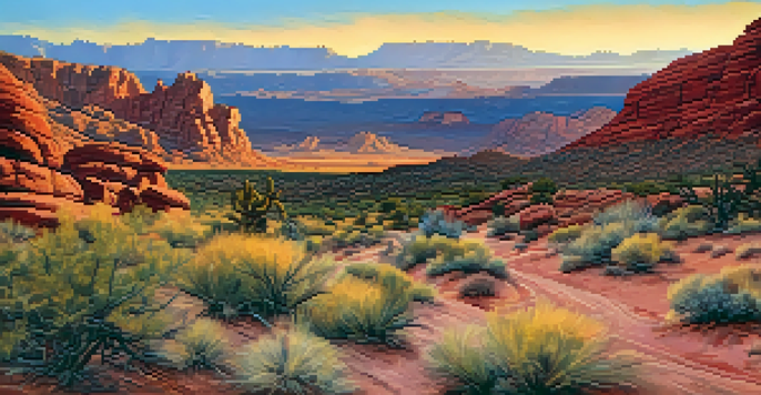 A sunset view of Red Rock Canyon with vibrant red rocks and a winding hiking trail.