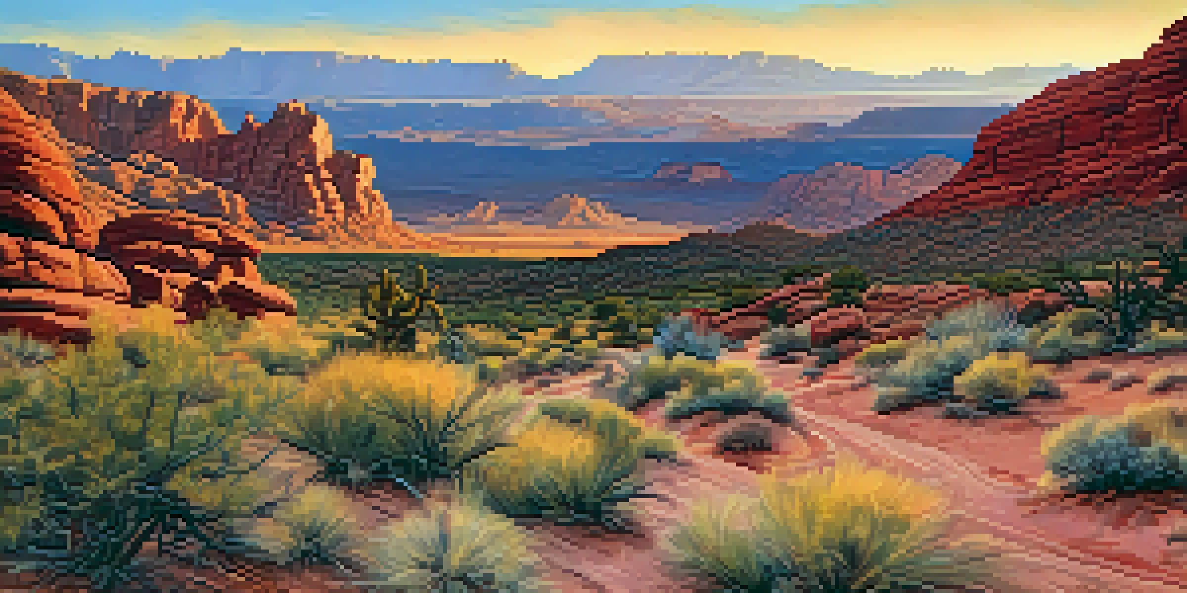 A sunset view of Red Rock Canyon with vibrant red rocks and a winding hiking trail.