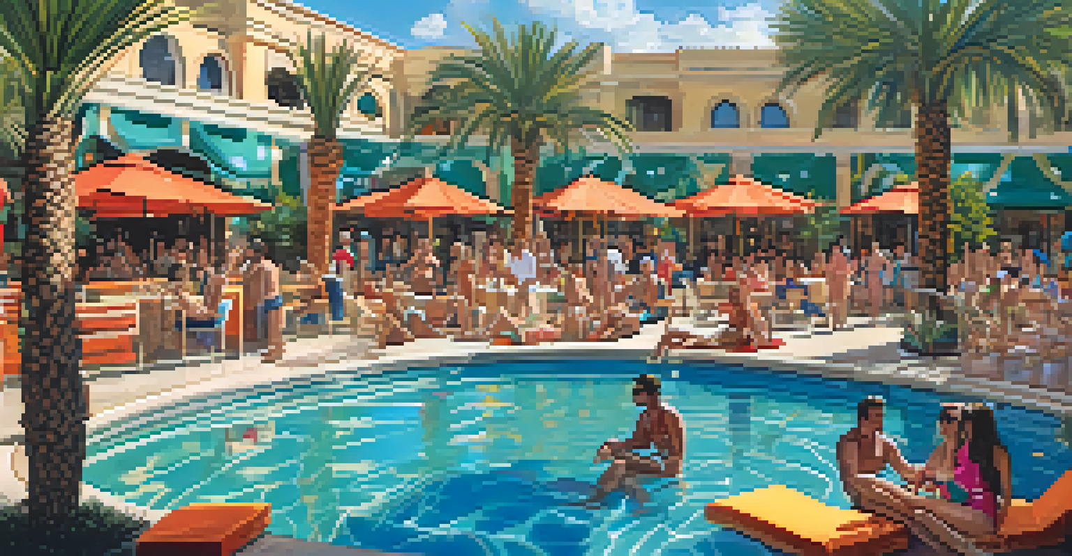 A lively pool party scene at a Las Vegas resort with guests, including celebrities, enjoying the sun and music around a vibrant pool.