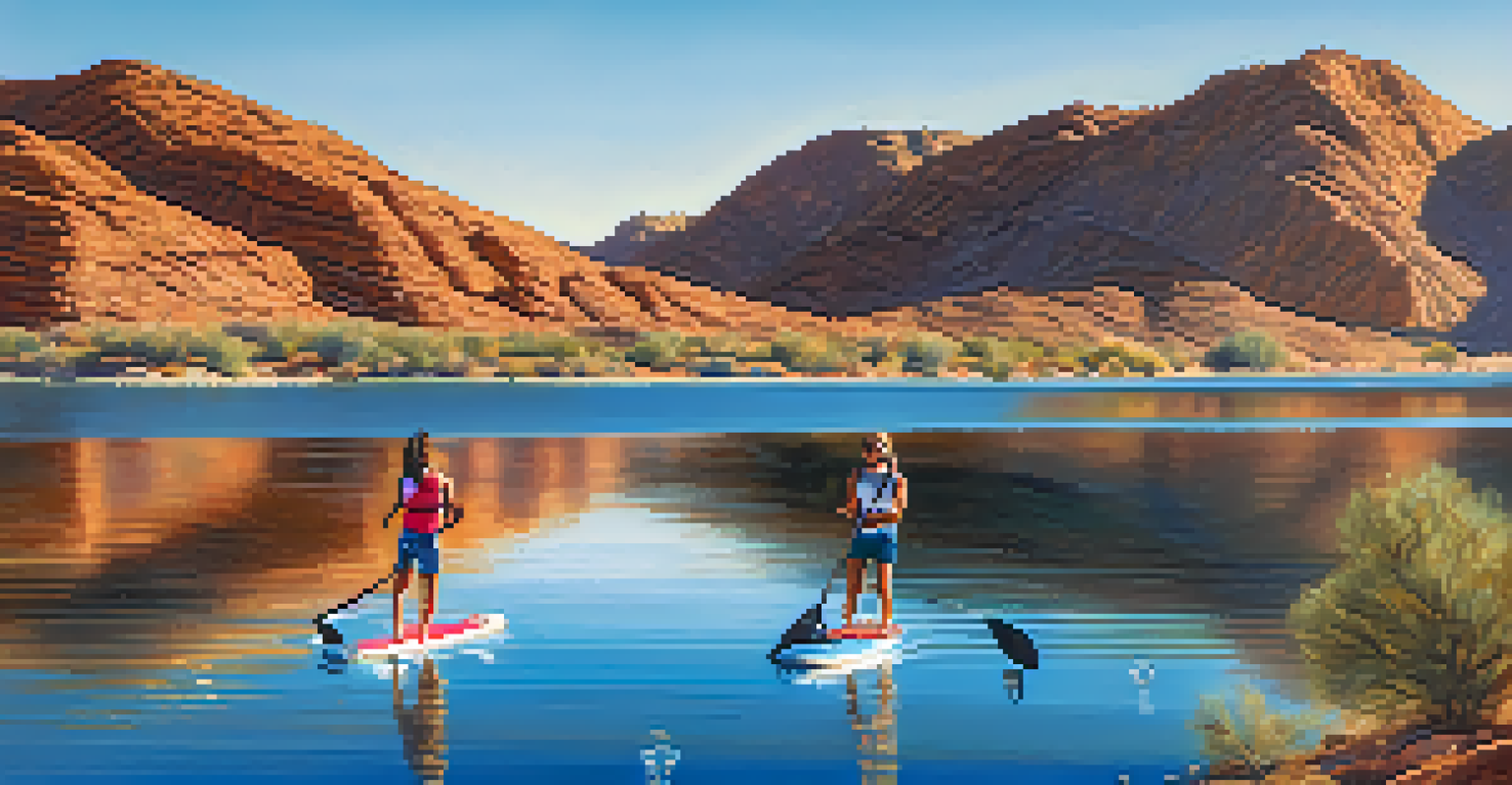 Paddleboarders on Lake Mead, with shimmering water and a beautiful desert landscape in the background.