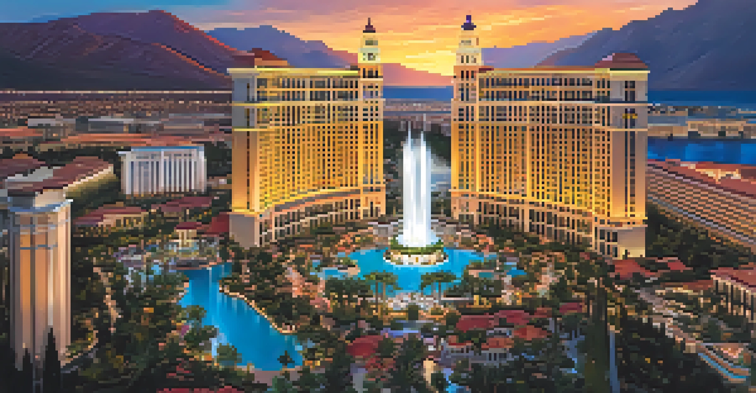 Aerial view of the Bellagio resort with fountains and gardens at sunset.