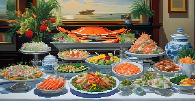 A beautifully arranged buffet table with a variety of dishes including crab legs and sushi, set in a warm-lit dining environment.