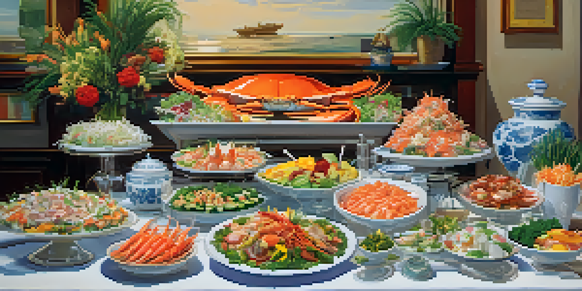 A beautifully arranged buffet table with a variety of dishes including crab legs and sushi, set in a warm-lit dining environment.