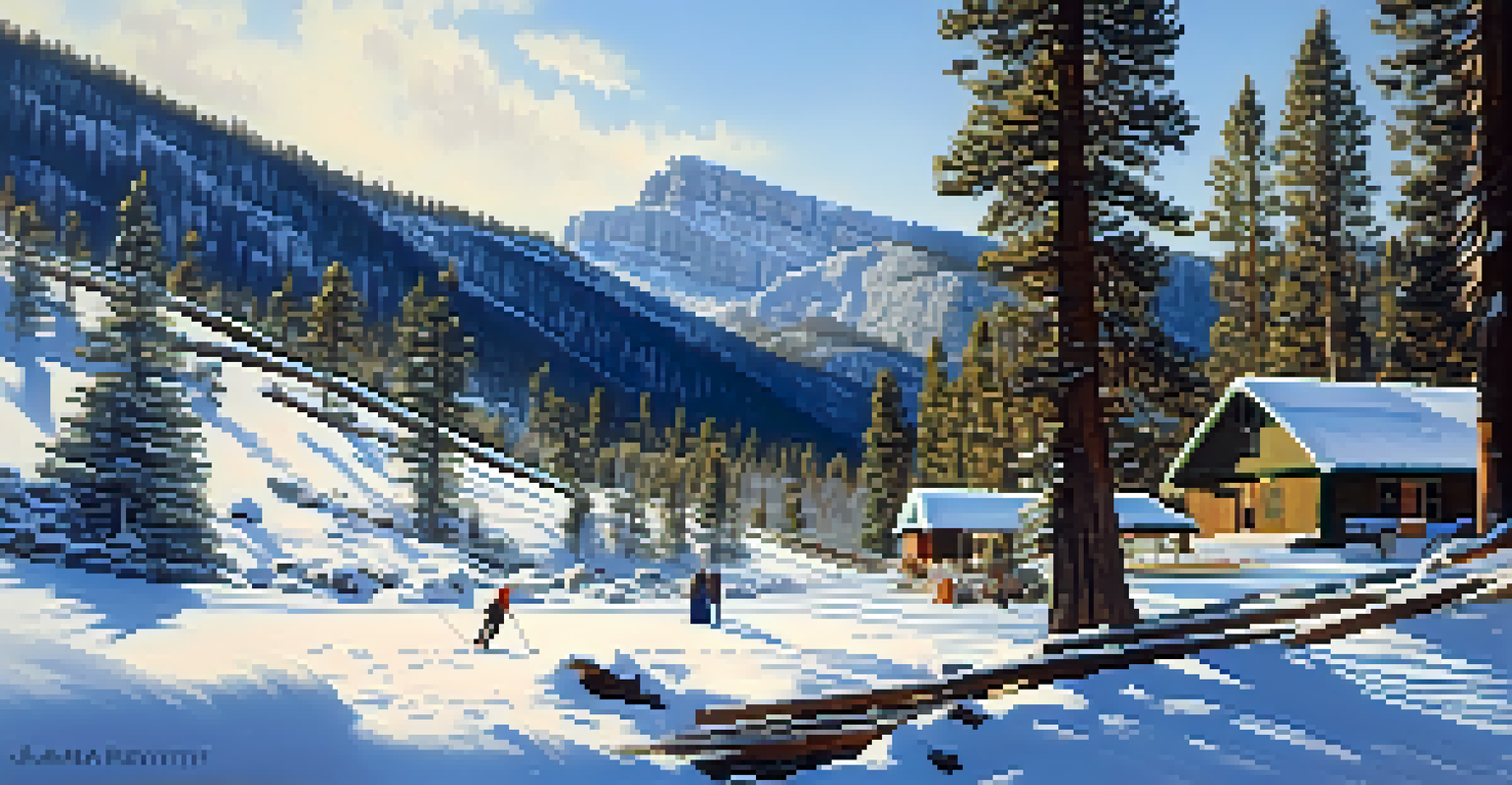 A winter landscape of Mount Charleston with snow-covered trees and a waterfall.