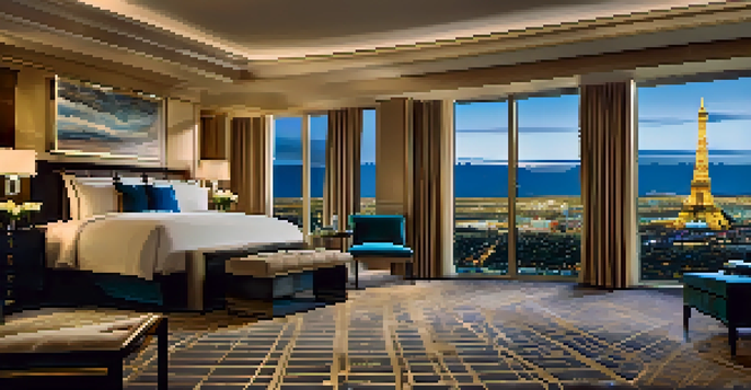 A luxurious hotel room with a king-size bed, large windows overlooking the Las Vegas Strip at night, and elegant decor.