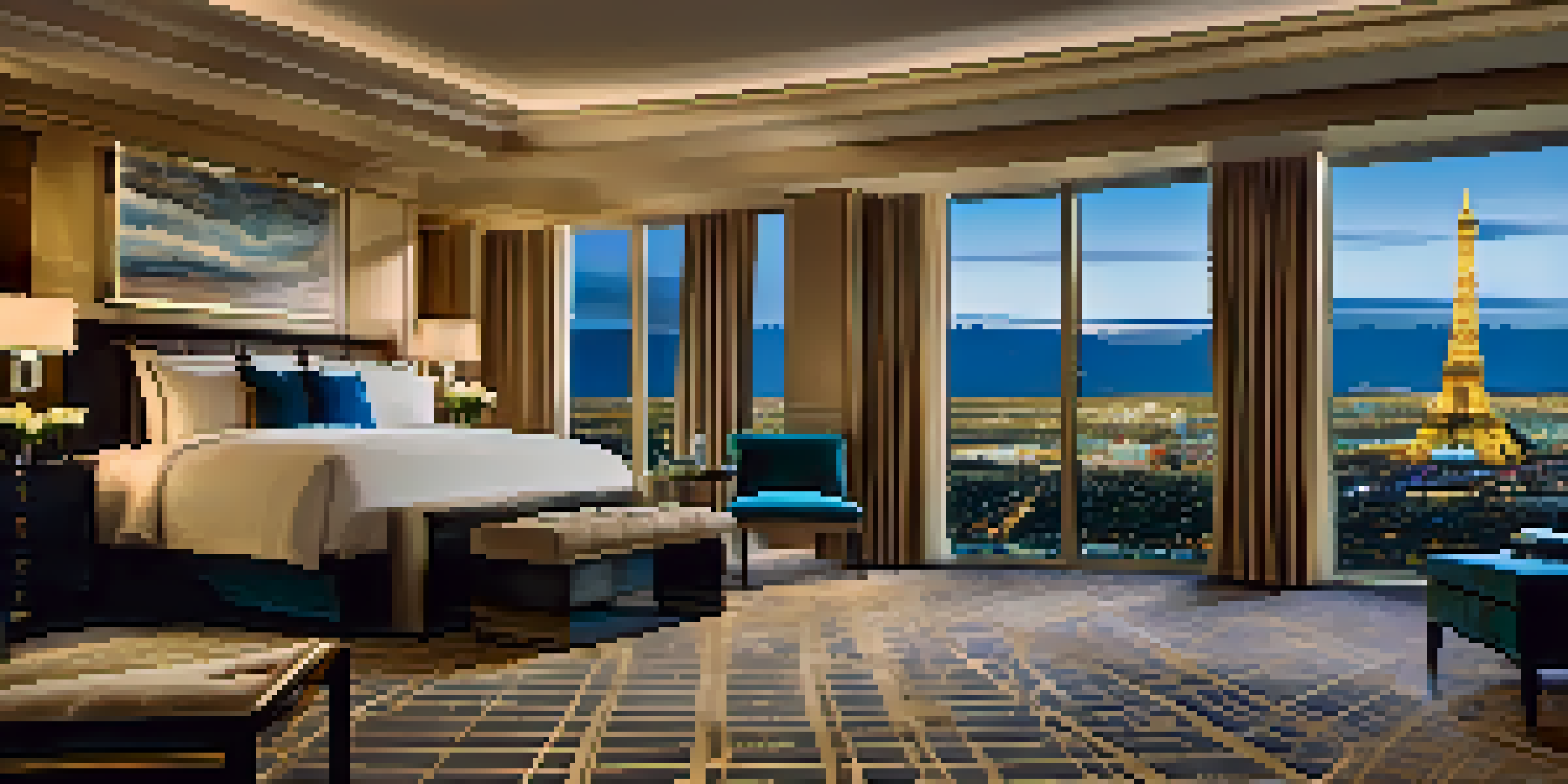 A luxurious hotel room with a king-size bed, large windows overlooking the Las Vegas Strip at night, and elegant decor.