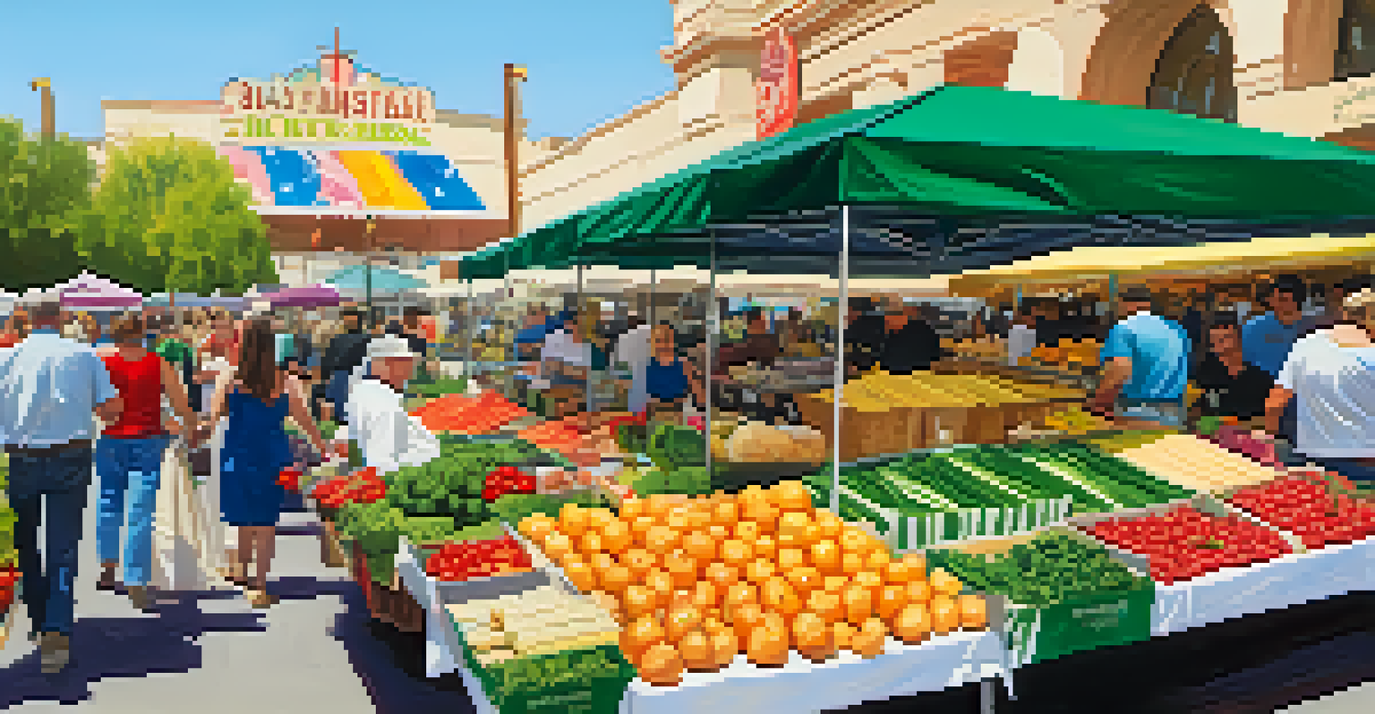 A bustling Las Vegas Farmers Market with stalls of fresh produce and artisanal goods, capturing the lively atmosphere of the event.