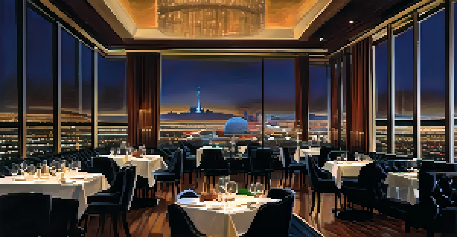 A gourmet dining table set with steak and dessert in an elegant Las Vegas restaurant, showcasing modern decor and views of the Strip at night.
