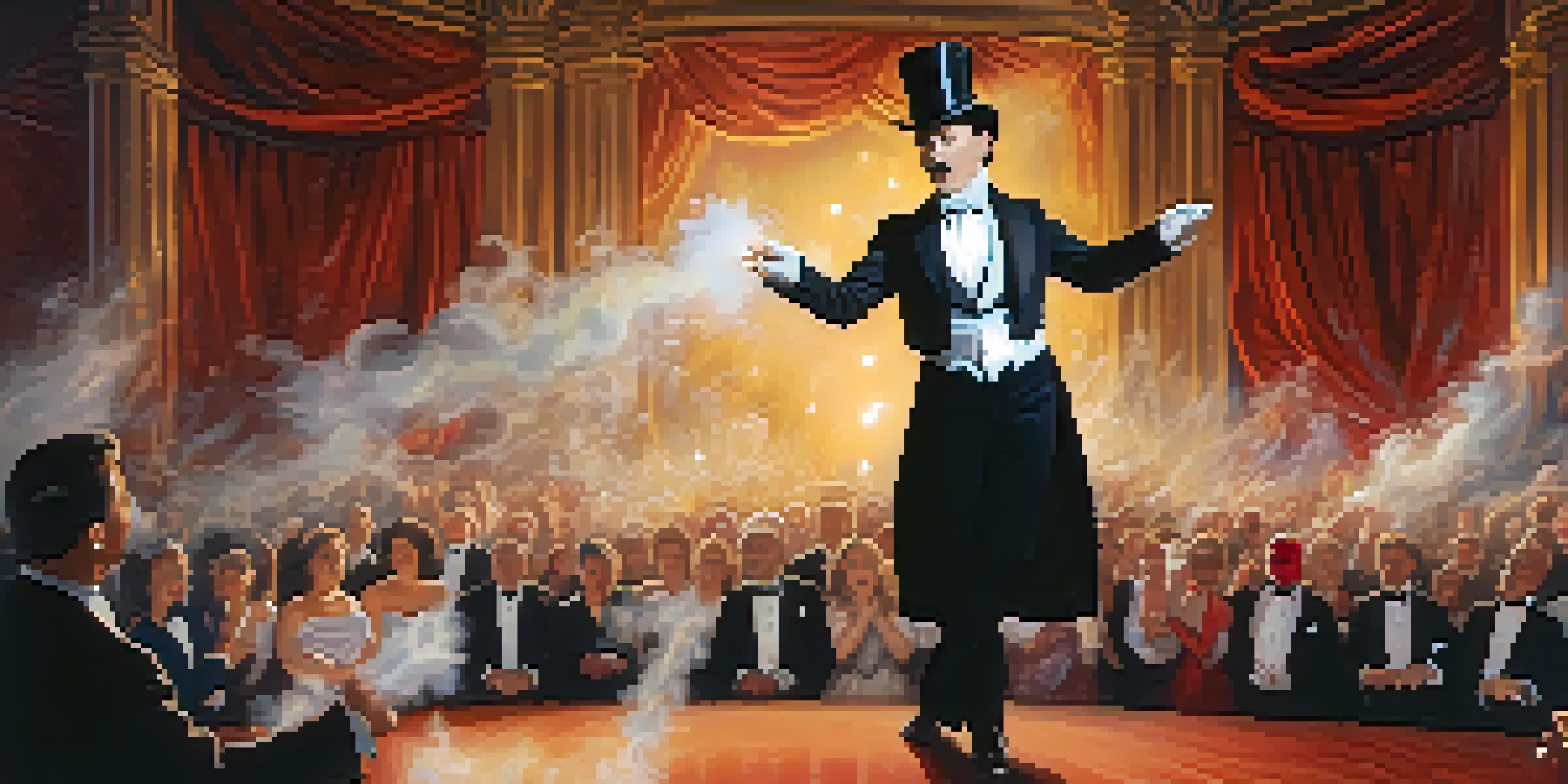 A magician performing on stage in a tuxedo with a top hat, surrounded by smoke and colorful lights, with an amazed audience in the foreground.