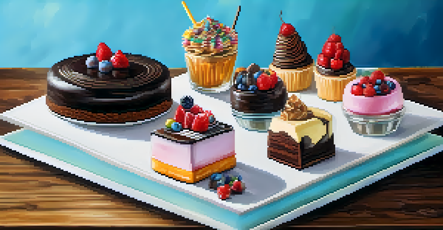 A colorful display of creative desserts from a Las Vegas bakery, including chocolate lava cake and whimsical pastries on a rustic table.