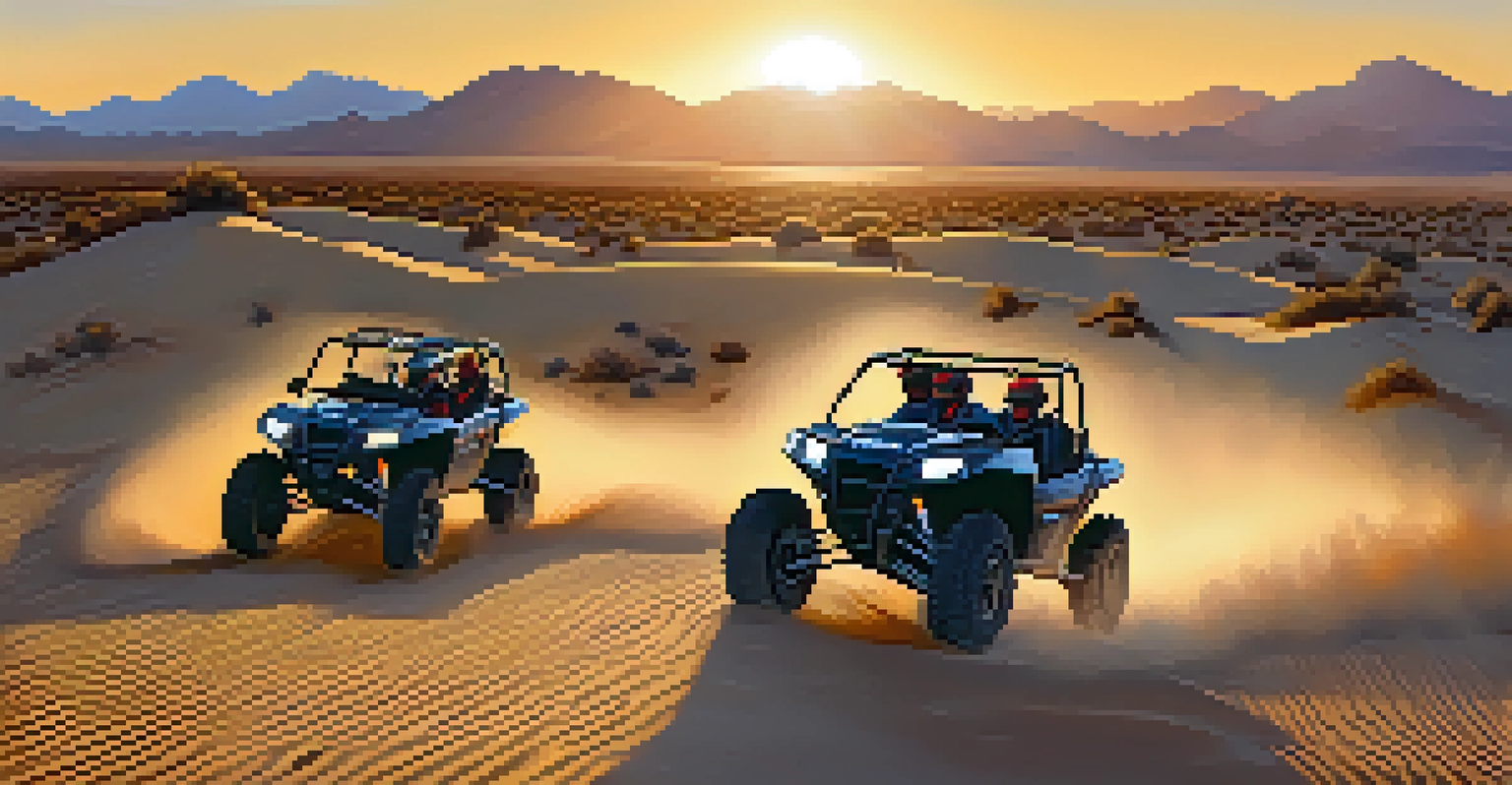 Group of off-road vehicles driving through the Mojave Desert at sunset, highlighting the thrill of adventure.