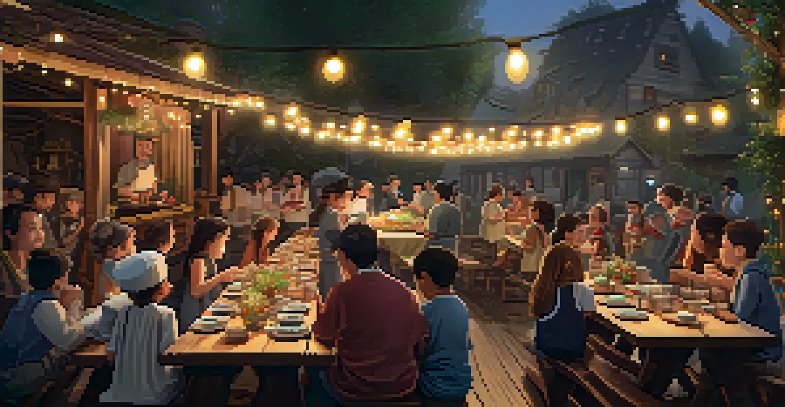 A food festival showcasing local dishes with a chef demonstrating cooking, families enjoying the atmosphere under fairy lights.