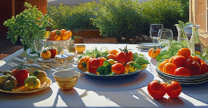 An outdoor dining table beautifully arranged with colorful local produce in Las Vegas, illuminated by soft afternoon sunlight.