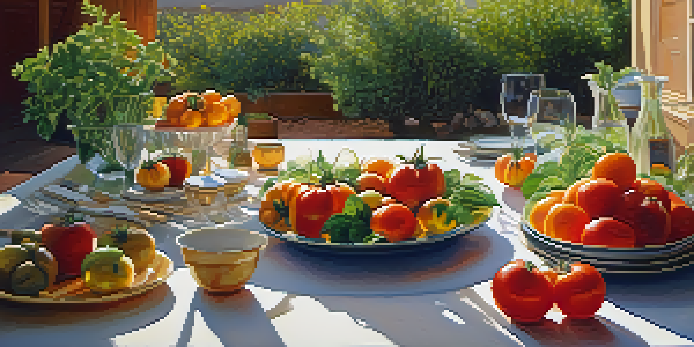 An outdoor dining table beautifully arranged with colorful local produce in Las Vegas, illuminated by soft afternoon sunlight.