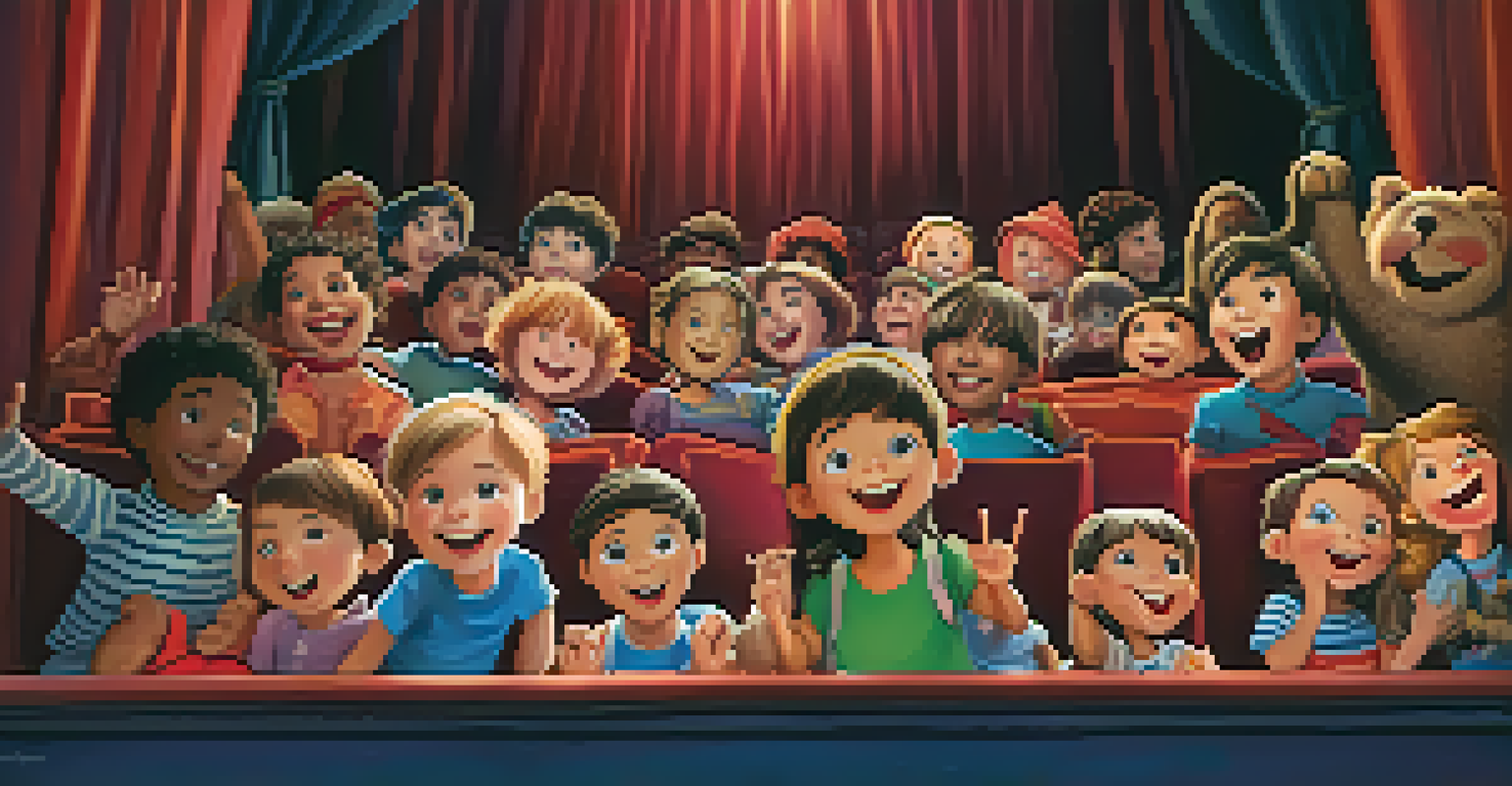 Children in a theater watching a vibrant puppet show, expressing joy and amazement at the performance.