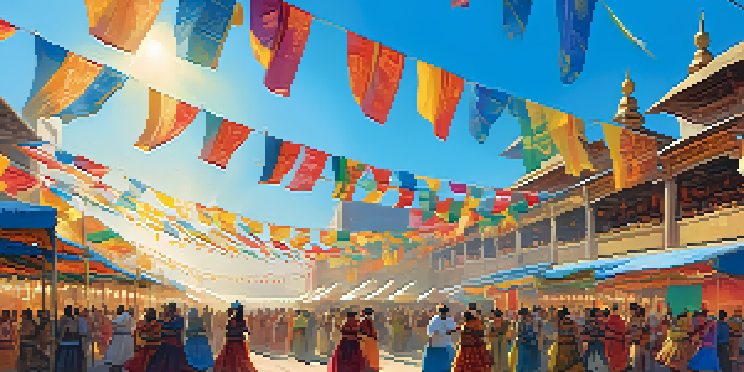 A lively cultural festival with people in traditional attire dancing among colorful decorations and food stalls under a sunny sky.