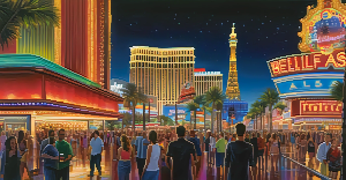 A nighttime view of the Las Vegas Strip with bright neon lights, busy crowds, and the illuminated Bellagio Fountains under a starry sky.