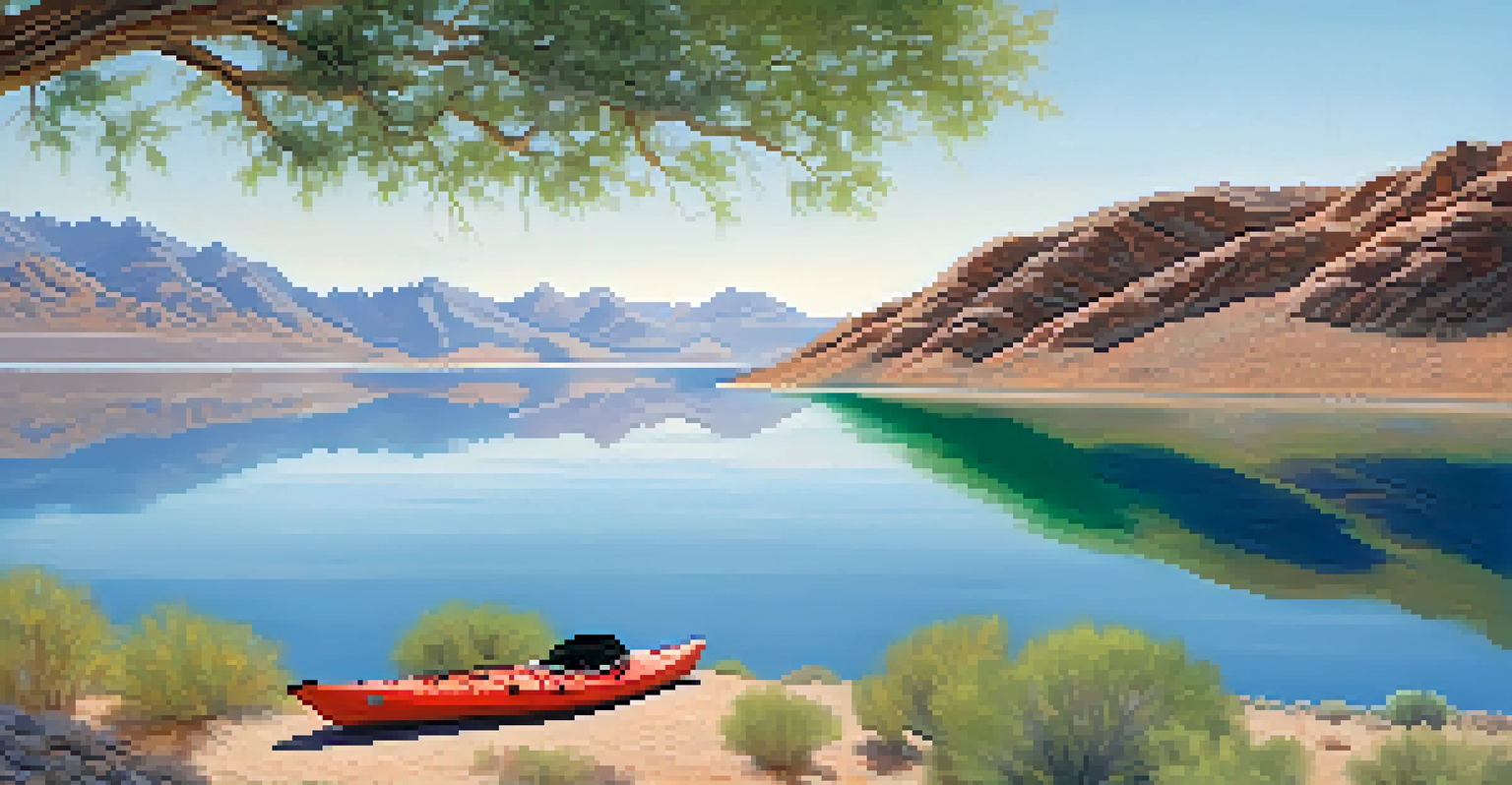 A view of Lake Mead with a kayak on the water and desert mountains in the background.