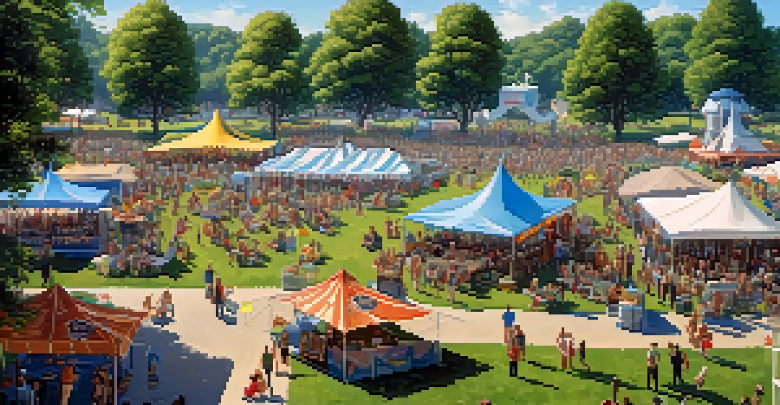 Aerial view of a summer music festival with multiple stages and attendees enjoying the sunny day.