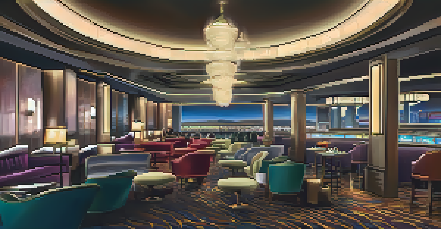 A cozy lounge area in a Las Vegas casino with comfortable seating and a view of the strip, perfect for relaxing between games.