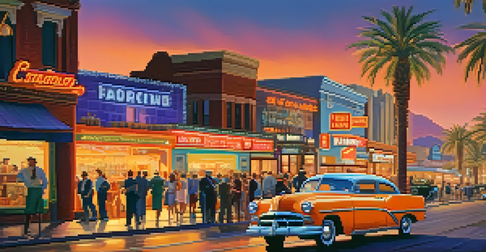 A busy Las Vegas street filled with military personnel and locals, showcasing shops and neon signs during the post-World War II era.