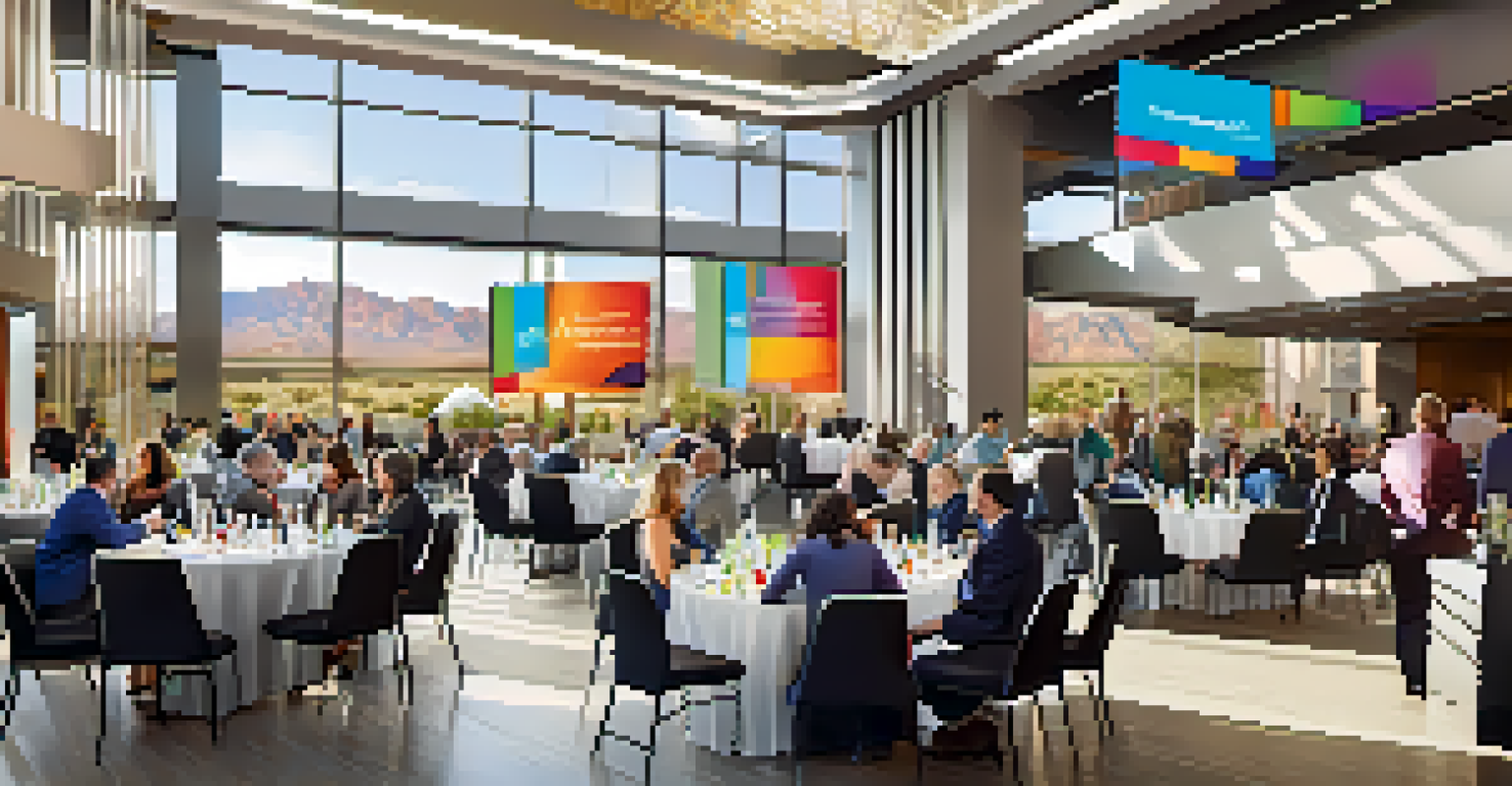 A networking event in a modern conference hall in Las Vegas, with professionals interacting and exchanging business cards.