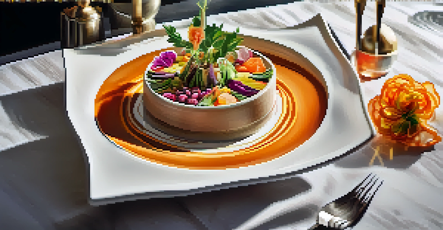A gourmet dish artfully plated with vibrant colors and intricate garnishes in a luxurious dining setting.